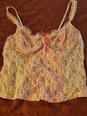 Delicate Ivory Lace Camisole Top with Pink Accents